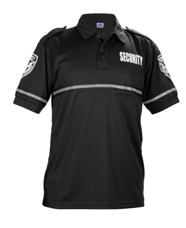 First Class Security and Patch Bike Patrol Polo Shirt with Zipper Pocket and Reflective Hash Stripes