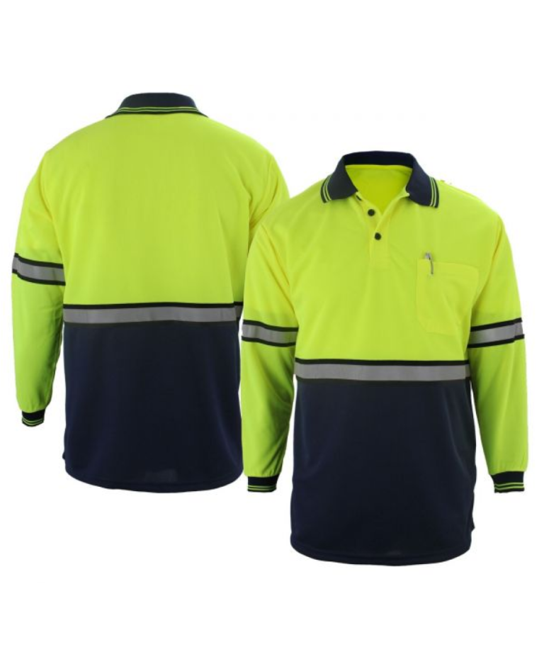 First Class Two Tone Long Sleeve Polyester Polo Shirt with Reflective Stripes