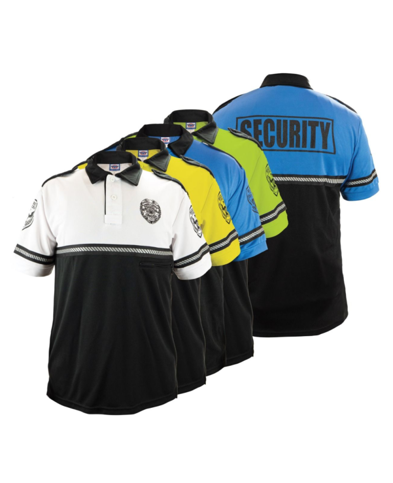First Class Security Badge and Patch Two Tone Bike Patrol Polo Shirt with Zipper Pocket and Reflective Hash Stripes
